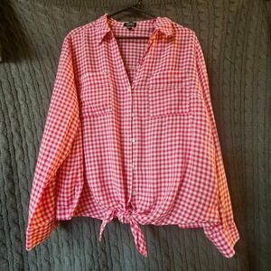 Jones New York Red White Gingham Tie Front Button Down Shirt Womens XL